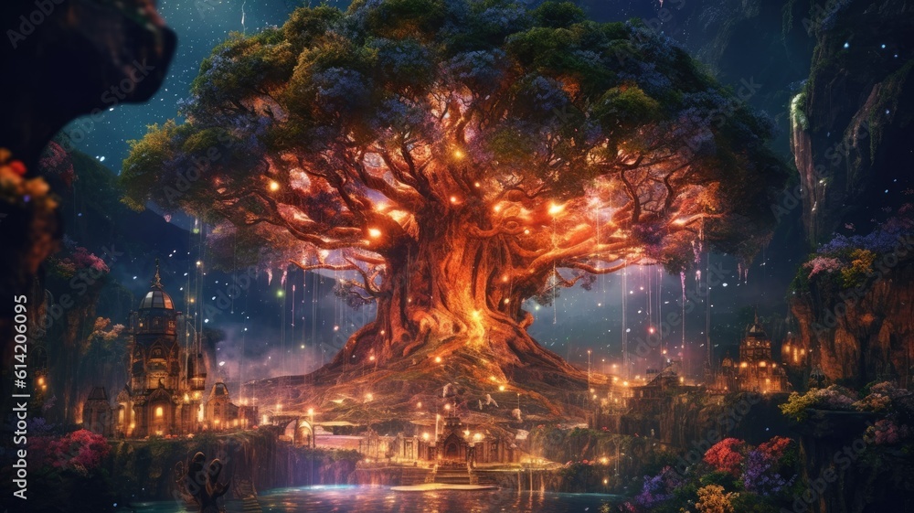 Beautiful illustration of a huge mystical tree in a fantasy world. Generative AI.