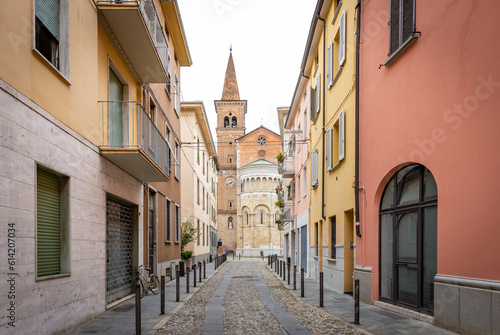 a street in Fidenza city with a view to the Cathedral  province of Parma  region of Emilia Romagna  Italy