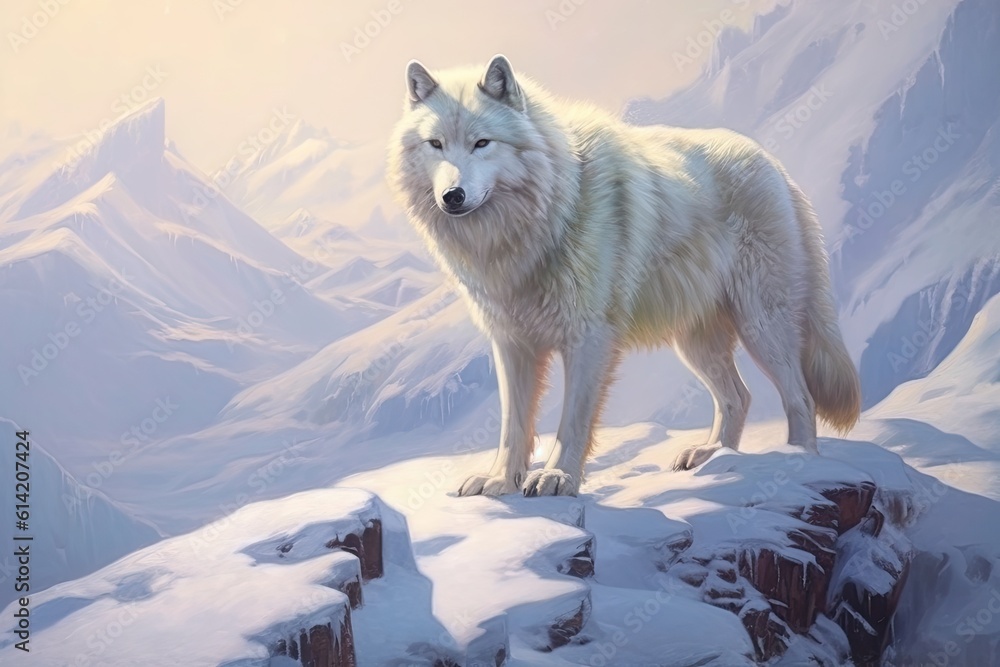 Beautiful white wolf in winter mountains. Generative AI.