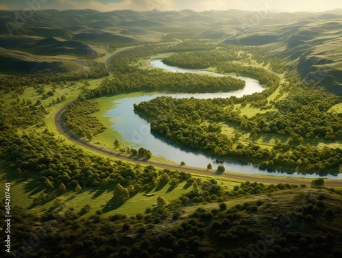 Beautiful landscape of the river. Generative AI.