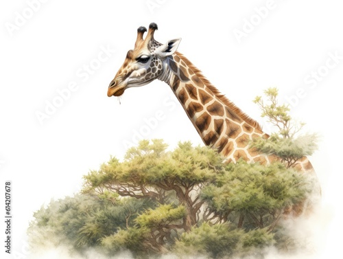 A beautiful giraffe peeking out from behind a tree on a white background. Generative AI.