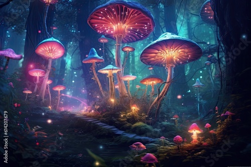Abstract fabulous forest of huge mushrooms. Generative AI.