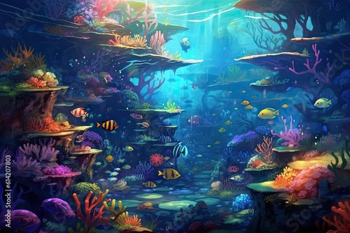 An underwater beautiful scene with corals and fish. Generative AI.