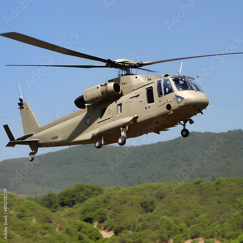 Military helicopter in active combat zone. War chopper aircraft flying for the army