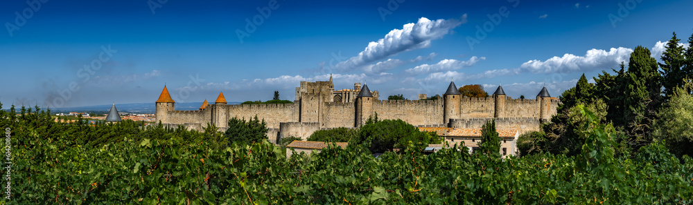 Spectacular Ancient Fortress Of Medieval City Carcassonne And Vineyards In Occitania, France