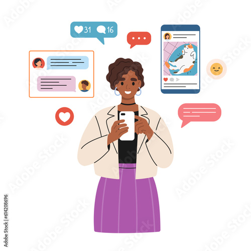 Happy smiling woman using mobile phone, texting and chatting online.