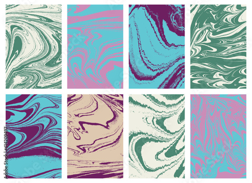 Set of marbling art in color. Wavy luxury abstract ebru painting. Mixed paints with dark blue violet and green. Vector.