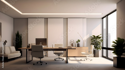 A minimalist office space with clean lines, neutral colors, and a focus on simplicity and functionality