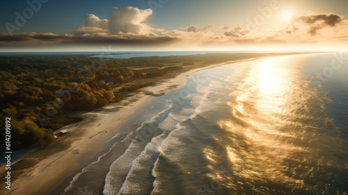 Golden Serenity: Aerial View of the German Baltic Sea Coast at Sunset. Generative ai