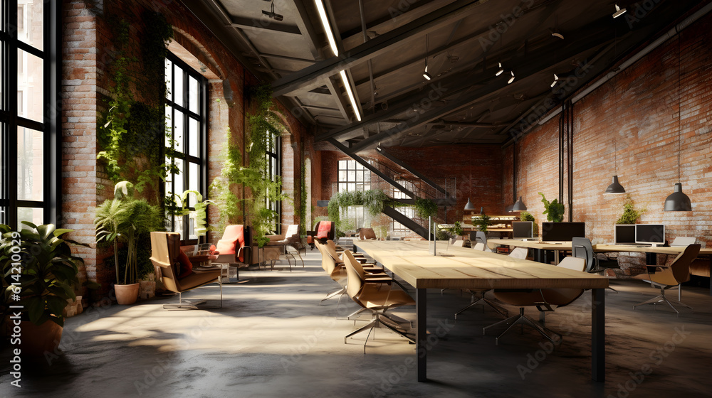 An industrial-style office space with exposed brick walls, high ceilings, and a blend of raw materials for a creative and edgy atmosphere