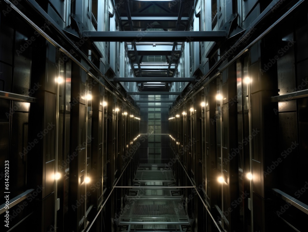 inside modern elevator shaft. created with Generative AI