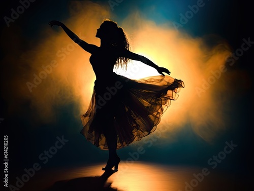 Silhouette of a young woman in a long dress dancing on stage. created with Generative AI