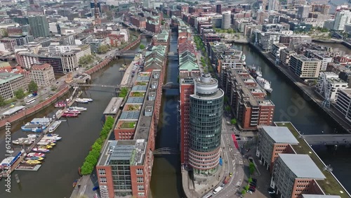 Drone shoot of The Speicherstadt in Hamburg, Germany, it is the largest warehouse district in the world where the buildings stand on timber-pile foundations, oak logs, in this particular case. 