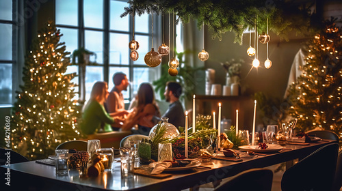 Wallpaper Mural Capturing a modern Christmas atmosphere during a family gathering. Shiny metallic surfaces and a Christmas table centerpiece catch the eye, illuminated by bright ceiling lights in the evening. Torontodigital.ca