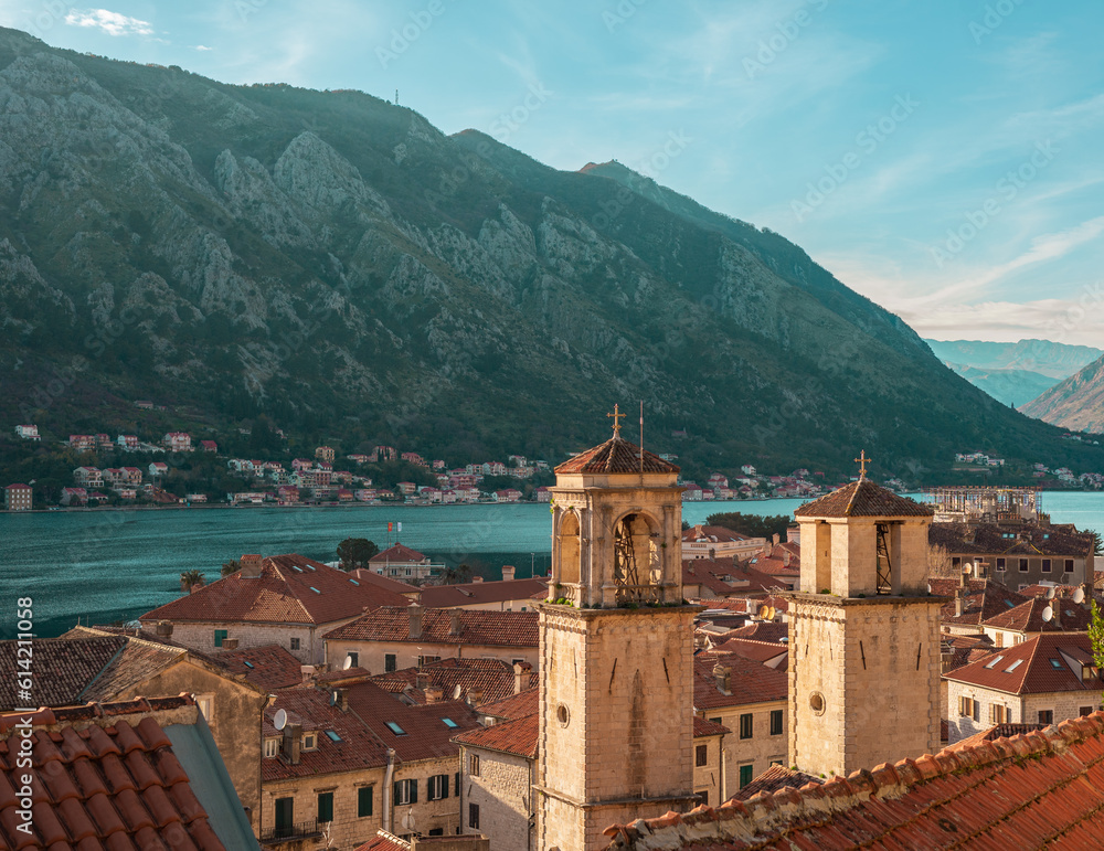 View of the ancient and modern city of Kotor from the mountain hiking trail
