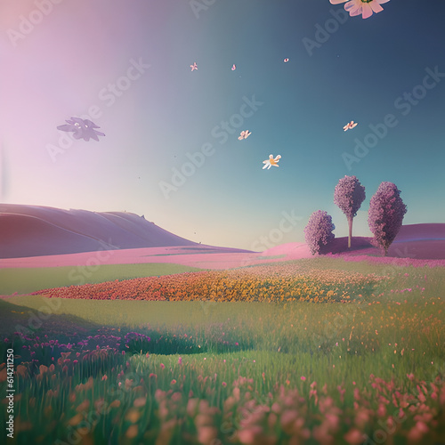 Fairy dream field nature flowers bright fantasy illustration Generative AI