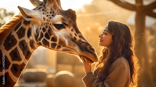  Beautiful Asian woman touching, caring a giraffe, sunset savanna landscape, freedom. exotic, surreal, Africa, hot, ethnic., tribe, mystic, copy space, AI Generated. © Vladislava