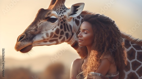  Beautiful African woman touching, caring a giraffe, sunset savanna landscape, freedom. exotic, surreal, Africa, hot, ethnic., tribe, mystic, copy space, AI Generated. © Vladislava