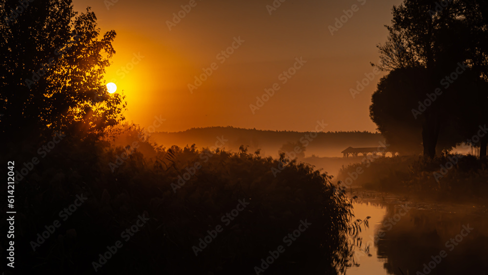Foggy morning in the valley on the Suprasl River at sunrise. Foggy morning in the valley on the Suprasl River at sunrise.