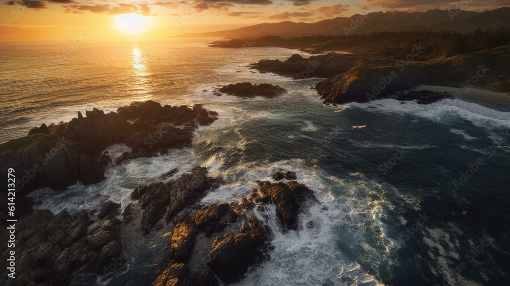 Sunset Serenade: Awe-Inspiring Aerial View of a Rocky, Rugged Coastline at Dusk. Generative AI