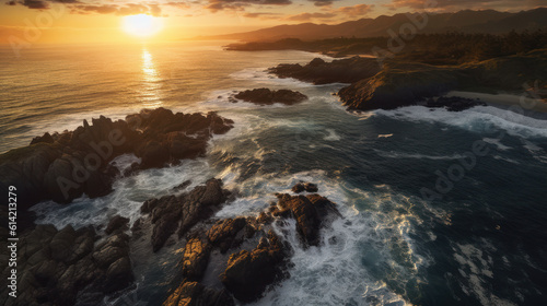 Sunset Serenade: Awe-Inspiring Aerial View of a Rocky, Rugged Coastline at Dusk. Generative AI