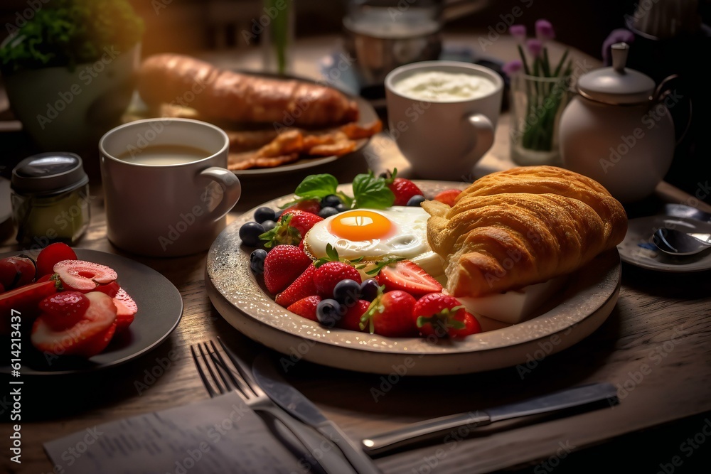 Continental breakfast with croissants, fruit and juice on the table. Generative AI Continental breakfast with croissants, fruit and juice on the table. Generative AI