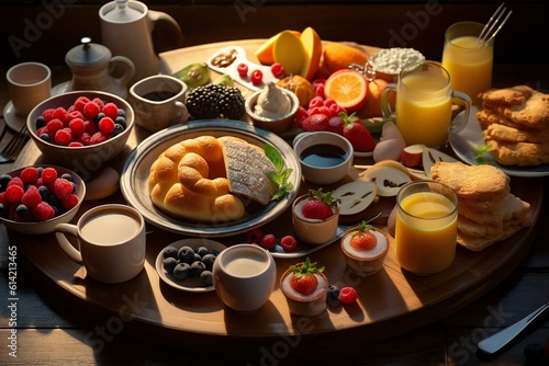 Continental breakfast with croissants, fruit and juice on the table. Generative AI