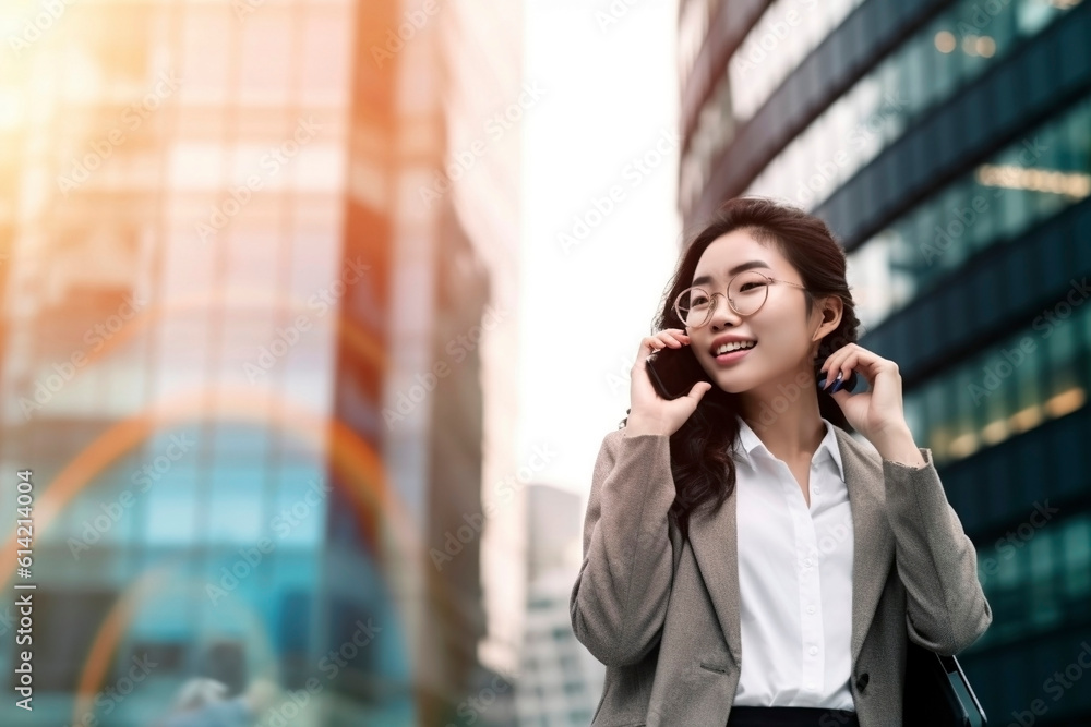 A young Chinese woman talks on the business phone in the financial area, copy space. Ai generated. A young Chinese woman talks on the business phone in the financial area, copy space. Ai generated.