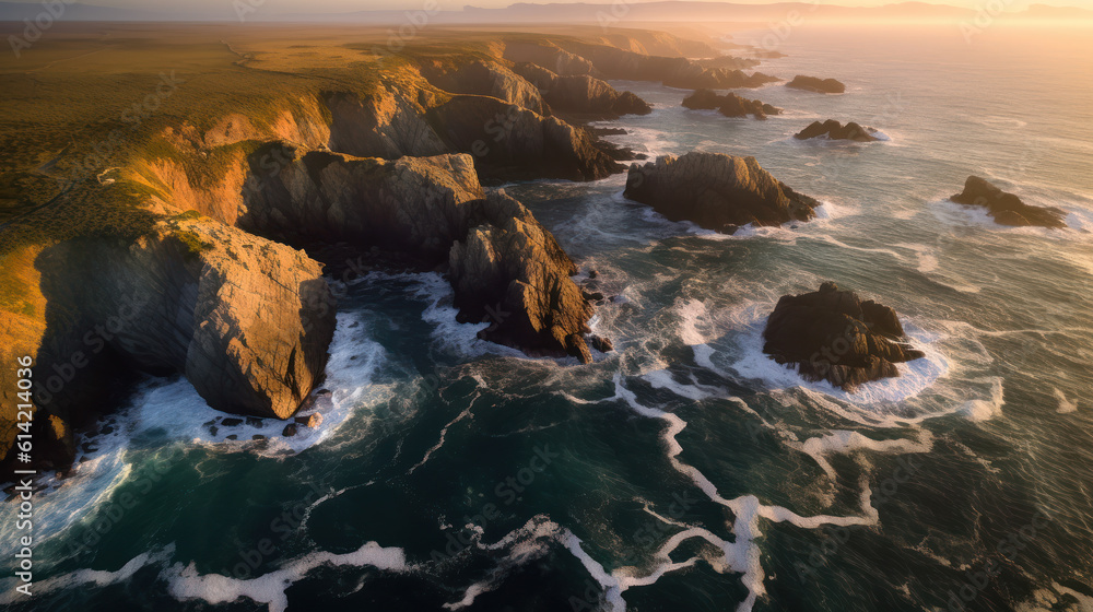 Fototapeta premium Golden Horizons: Captivating Aerial View of a Rocky, Rugged Coastline at Sunset. Generative AI
