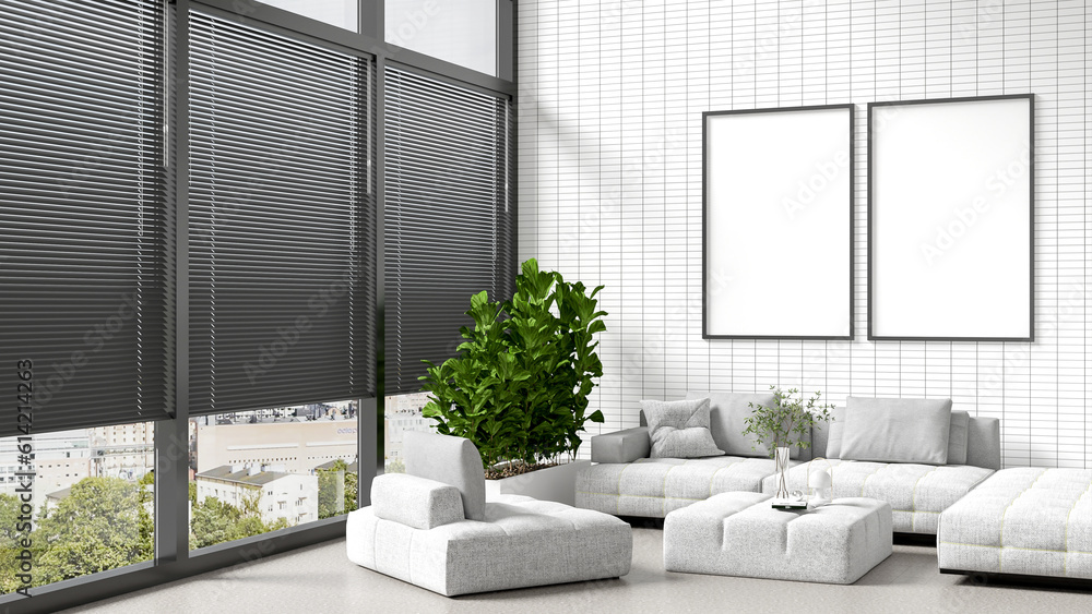 Fototapeta premium 2 large blank white poster frames on the white tiled walls, white and gray sofas, square coffee tables, flower vases, lamps, books, Fiddle Fig, luxury interior design apartment 3D rendering.