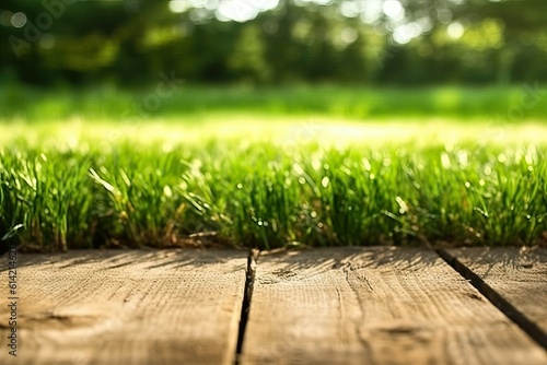 Natural green grass background with wood flooring  Ai generated 