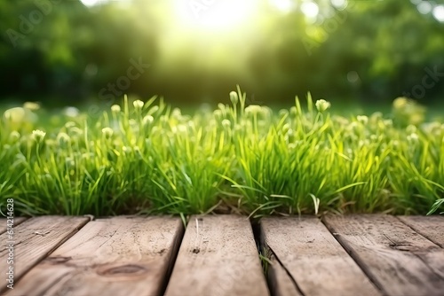 Natural green grass background with wood flooring (Ai generated)