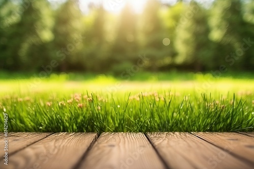 Natural green grass background with wood flooring (Ai generated)