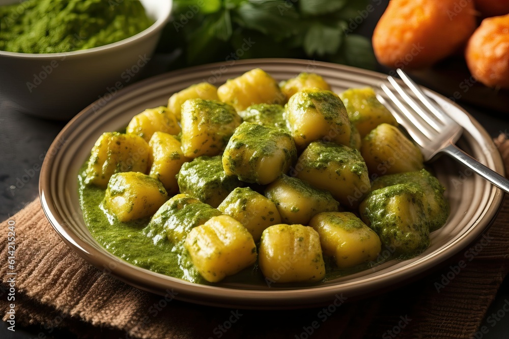 Golden-brown Gnocchi with pesto sauce (Ai generated) Golden-brown Gnocchi with pesto sauce (Ai generated)