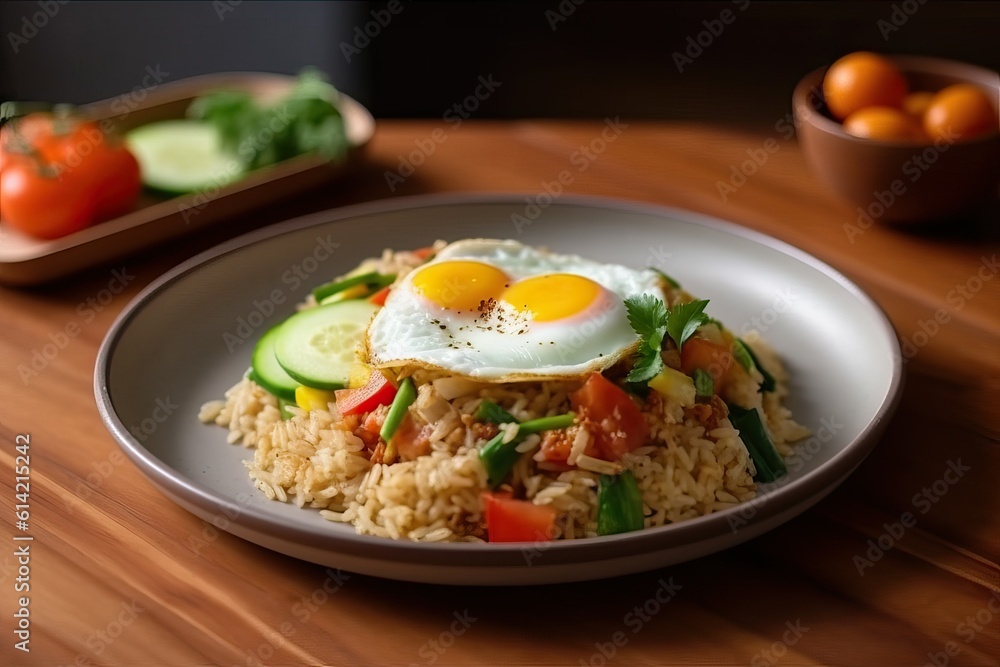 Fried Rice with Fresh Vegetables Topped by a Perfectly Fried Egg - Asian Cuisine Close-Up Fried Rice with Fresh Vegetables Topped by a Perfectly Fried Egg - Asian Cuisine Close-Up