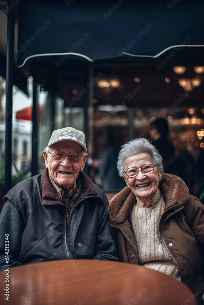 Generative AI illustration of happy old Caucasian couple enjoying having a drink on a bar terrace
