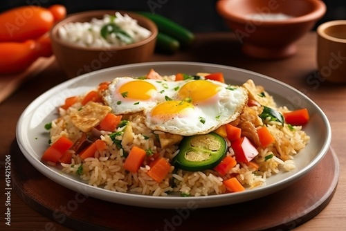 Fried Rice with Fresh Vegetables Topped by a Perfectly Fried Egg - Asian Cuisine Close-Up