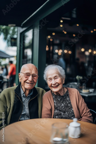 Generative AI illustration of happy old Caucasian couple enjoying having a drink on a bar terrace