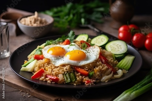 Fried Rice with Fresh Vegetables Topped by a Perfectly Fried Egg - Asian Cuisine Close-Up