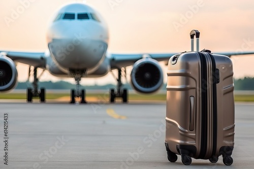 Suitcase on a runway with blurred airplane (Ai generated)