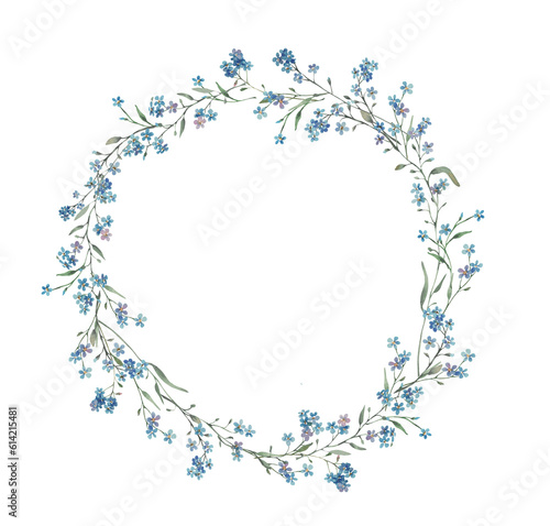 wreath round watercolor elegant forget-me-nots boho stile