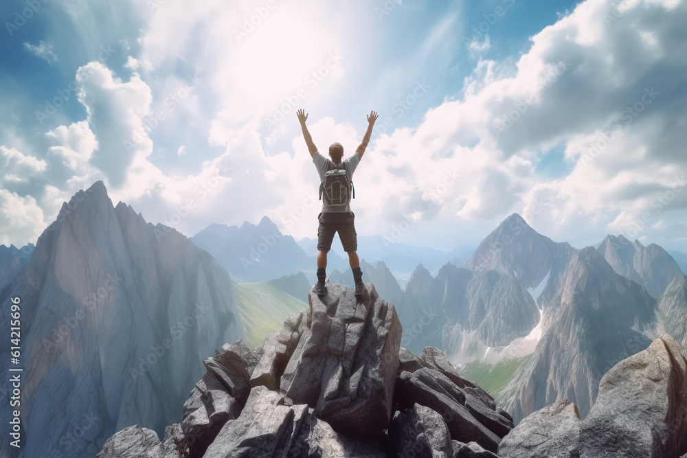climber raised his hands on the top of the highest mountain, the concept of achieving success. ai generative