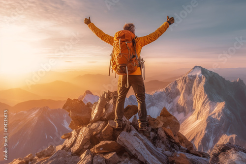 climber raised his hands on the top of the highest mountain, the concept of achieving success. ai generative