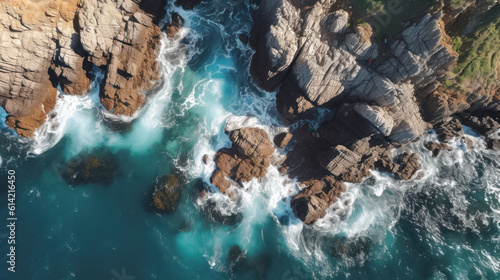 Edge of Grandeur: A Breathtaking Aerial Perspective of a Rocky, Rugged Coastline. Generative AI
