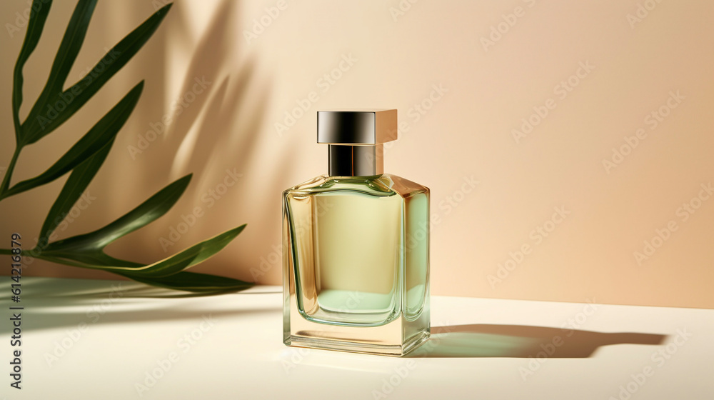 Perfume bottle mockup on a beige background with shadows. AI