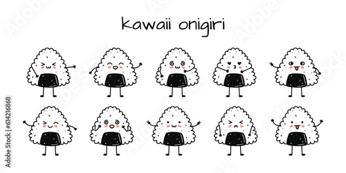 Set of kawaii onigiri sushi mascots in cartoon style