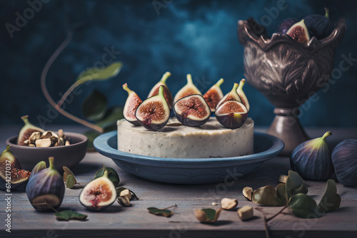 Middle shot of vanilla Figs cheesecake food Photograph,figs on a plate,Food photography, food close-ups