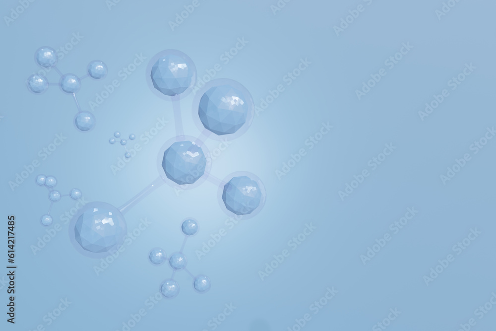 3D blue molecule or atom floating in air on light blue background. Abstract structure for science. illustration 3d render collagen molecule concept.
