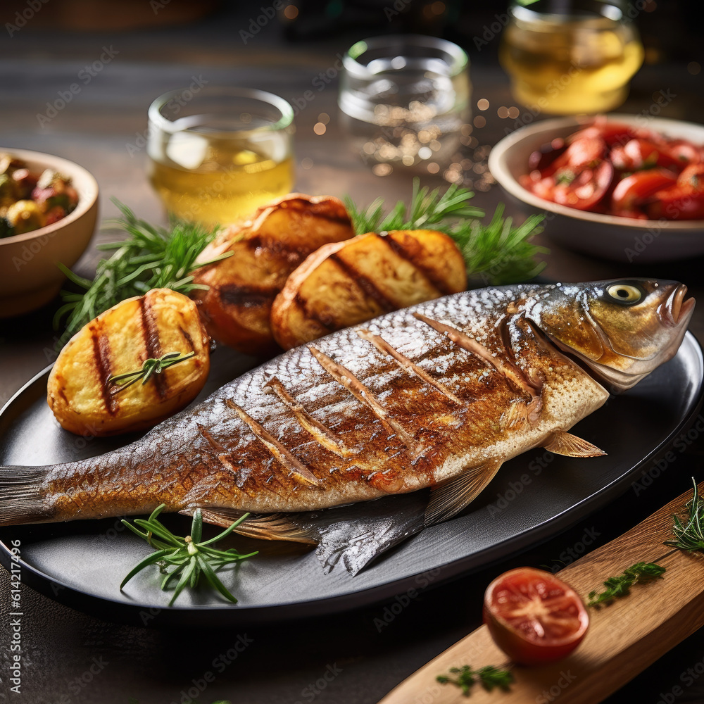 Roasted fish and potatoes, served on dish tray. Roasted fish and potatoes, served on dish tray.