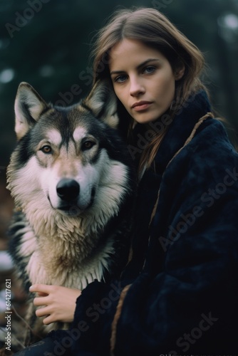 Portrait of a beautiful dark haired fictional woman model posing with a wolf